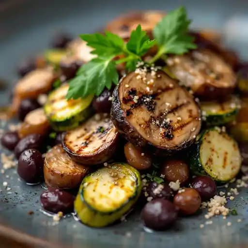 grilled zucchini + black turtle bean recipe served on a plate, by Nola grilled zucchini + black turtle bean recipe served on a plate, by Nola
