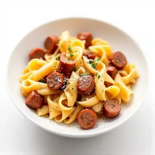 Rigatoni with Sausage recipe served on a plate, by Cafe Silvium Rigatoni with Sausage recipe served on a plate, by Cafe Silvium