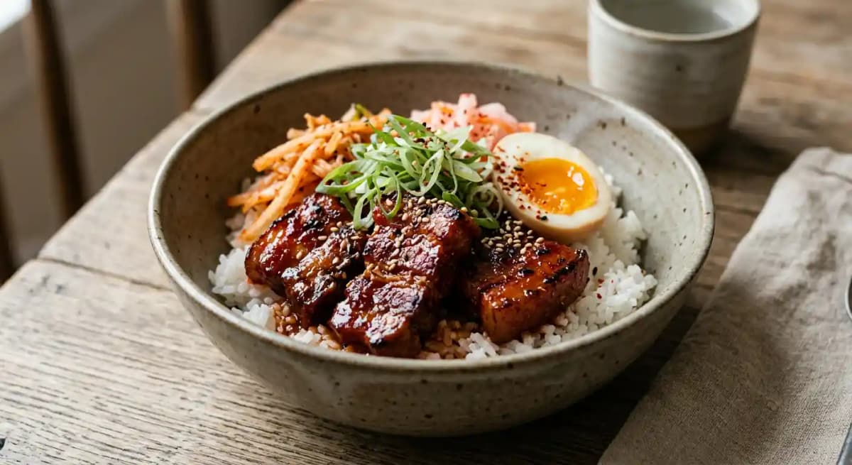 Spicy Pork Belly bowls recipe served on a plate, by Baekjeong Temple City Spicy Pork Belly bowls recipe served on a plate, by Baekjeong Temple City