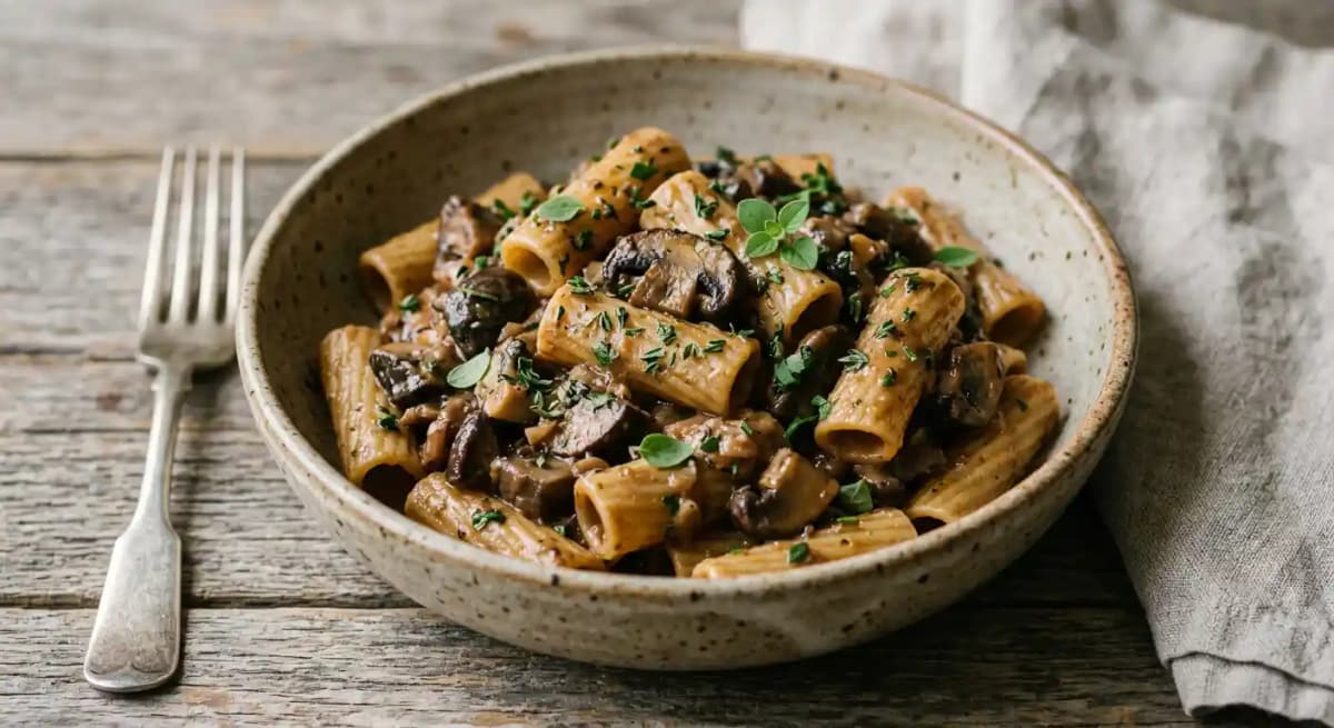 RIGATONI AL BOSCO recipe served on a plate, by Aurora Italiana RIGATONI AL BOSCO recipe served on a plate, by Aurora Italiana