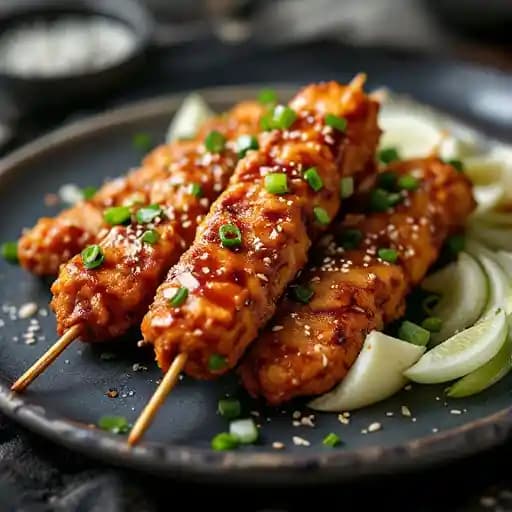 KOREAN FRIED CHICKEN SKEWERS recipe served on a plate, by Wild Rose Eatery and Bar KOREAN FRIED CHICKEN SKEWERS recipe served on a plate, by Wild Rose Eatery and Bar