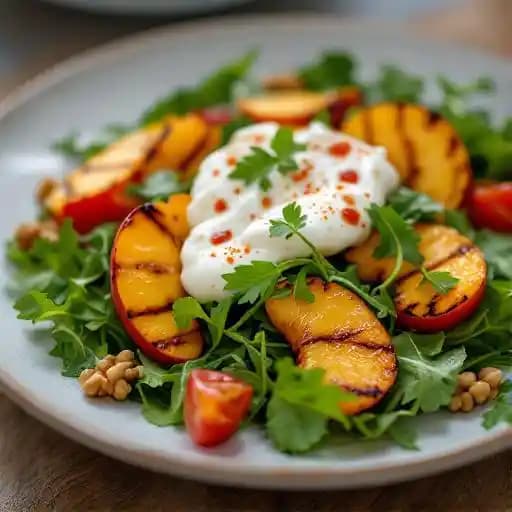 Peach & Burrata recipe served on a plate, by The Reef Seafood & Steak Peach & Burrata recipe served on a plate, by The Reef Seafood & Steak