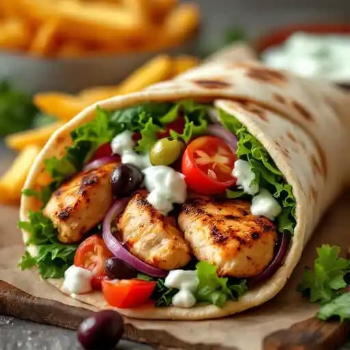 CHICKEN SOUVLAKI PITA WRAP recipe served on a plate, by La Plume CHICKEN SOUVLAKI PITA WRAP recipe served on a plate, by La Plume