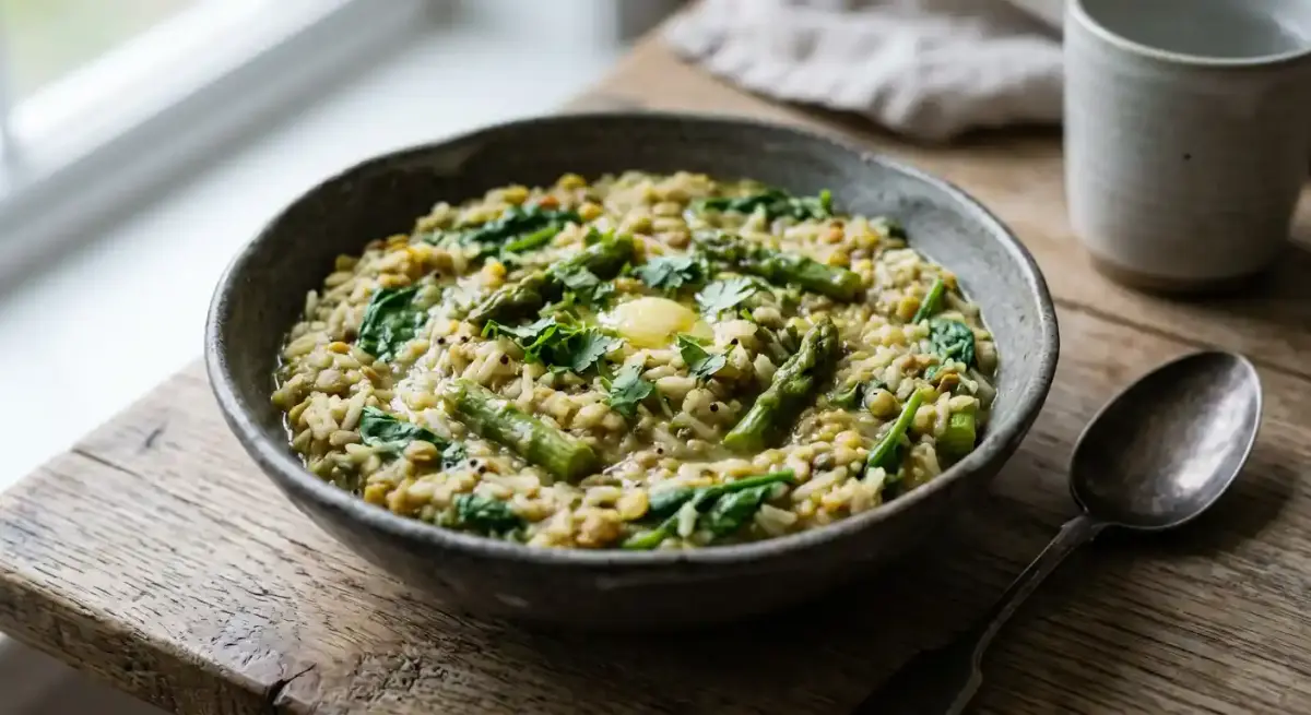 Spinach and Asparagus Khichdi recipe served on a plate, by Bombay Delight - Wimbledon Spinach and Asparagus Khichdi recipe served on a plate, by Bombay Delight - Wimbledon