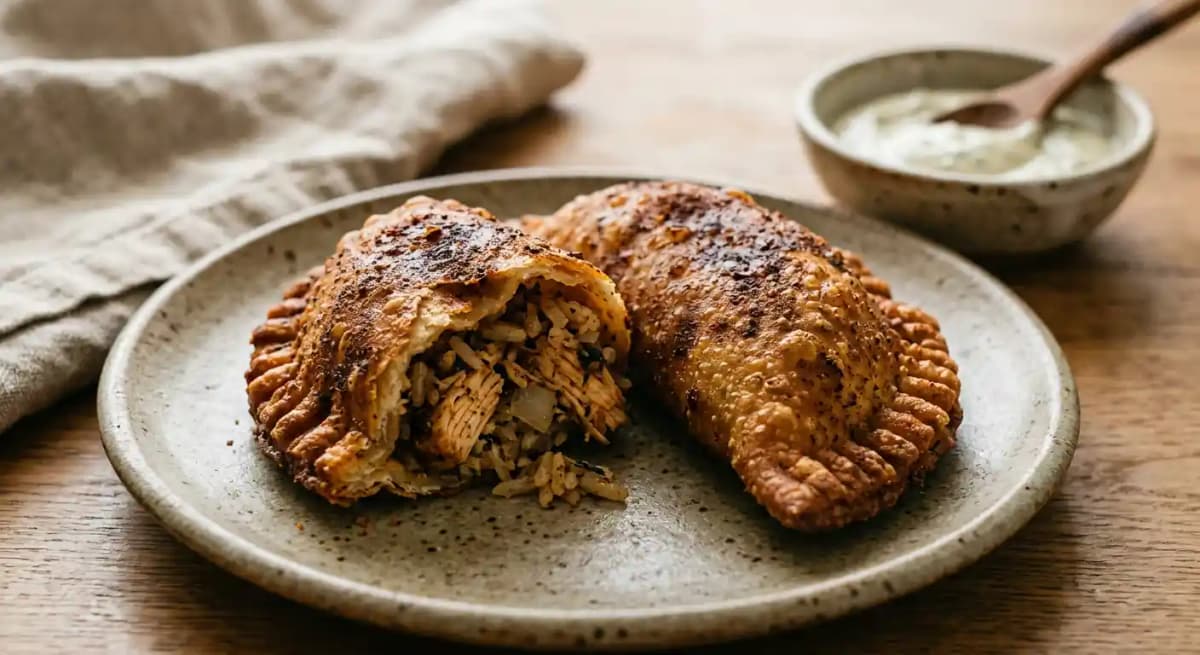 BLACKENED CHICKEN EMPANADAS recipe served on a plate, by Southern Classic Daiquiri Factory BLACKENED CHICKEN EMPANADAS recipe served on a plate, by Southern Classic Daiquiri Factory