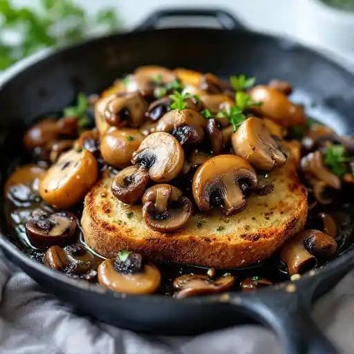 Cast Iron Skillet Mushrooms and Toast recipe served on a plate, by The Fixx Cafe Cast Iron Skillet Mushrooms and Toast recipe served on a plate, by The Fixx Cafe