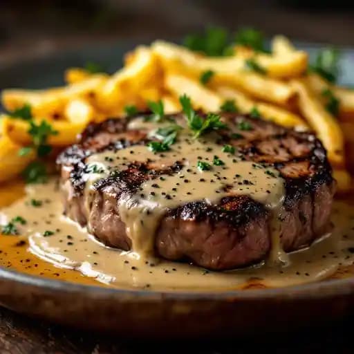 STEAK AU POIVRE SERVED WITH FRITES recipe served on a plate, by White Rabbit STEAK AU POIVRE SERVED WITH FRITES recipe served on a plate, by White Rabbit