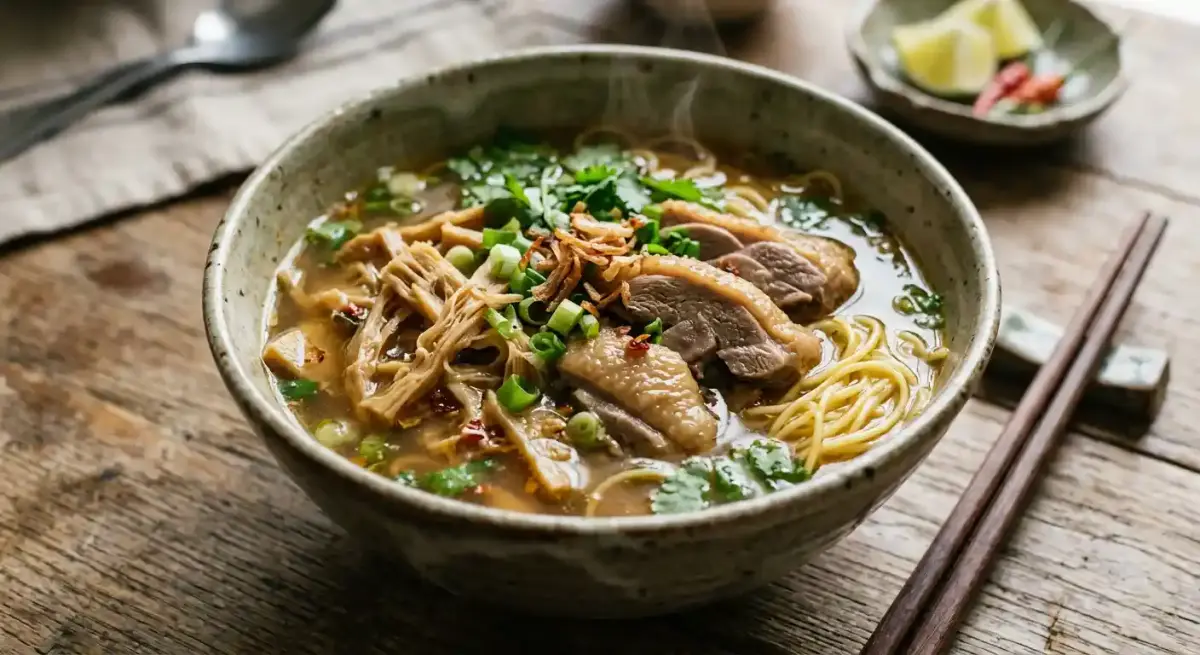 Bamboo Duck Noodle Soup recipe served on a plate, by Phở Dimond Restaurant Bamboo Duck Noodle Soup recipe served on a plate, by Phở Dimond Restaurant
