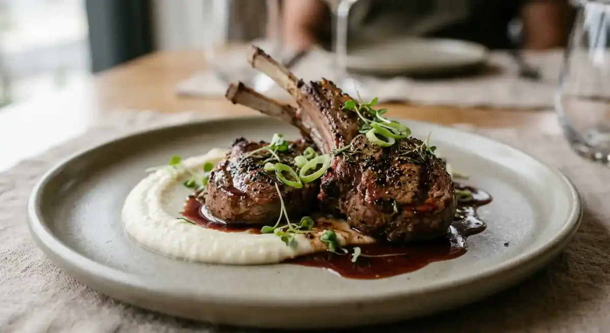 Grilled Lamb Chops (2) recipe served on a plate, by The Warren Grilled Lamb Chops (2) recipe served on a plate, by The Warren