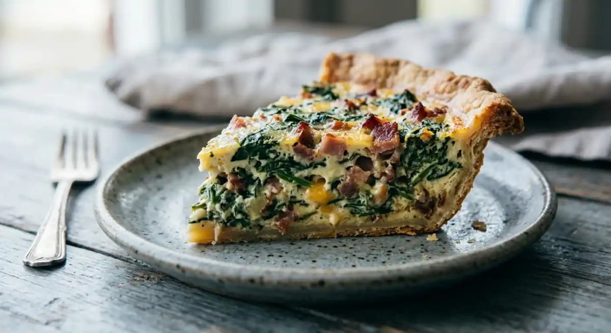 Spinach & Bacon Quiche recipe served on a plate, by Delucca Gaucho Pizza & Wine Plano Spinach & Bacon Quiche recipe served on a plate, by Delucca Gaucho Pizza & Wine Plano