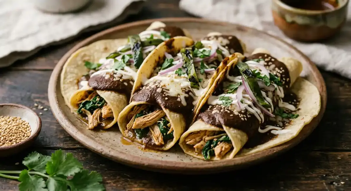 Chicken & Spinach Enchiladas Mole recipe served on a plate, by Luna | Modern Mexican Chicken & Spinach Enchiladas Mole recipe served on a plate, by Luna | Modern Mexican
