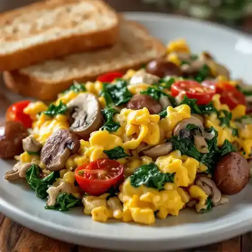 Spinach & Mushroom Scramble recipe served on a plate, by Saffron Columbus Spinach & Mushroom Scramble recipe served on a plate, by Saffron Columbus