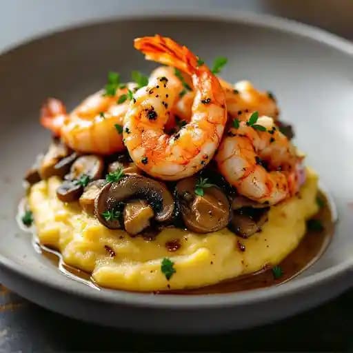 Tiger Shrimp, Truffled Maitake Mushrooms, Creamy Polenta recipe served on a plate, by GOEN Dining + Bar Tiger Shrimp, Truffled Maitake Mushrooms, Creamy Polenta recipe served on a plate, by GOEN Dining + Bar