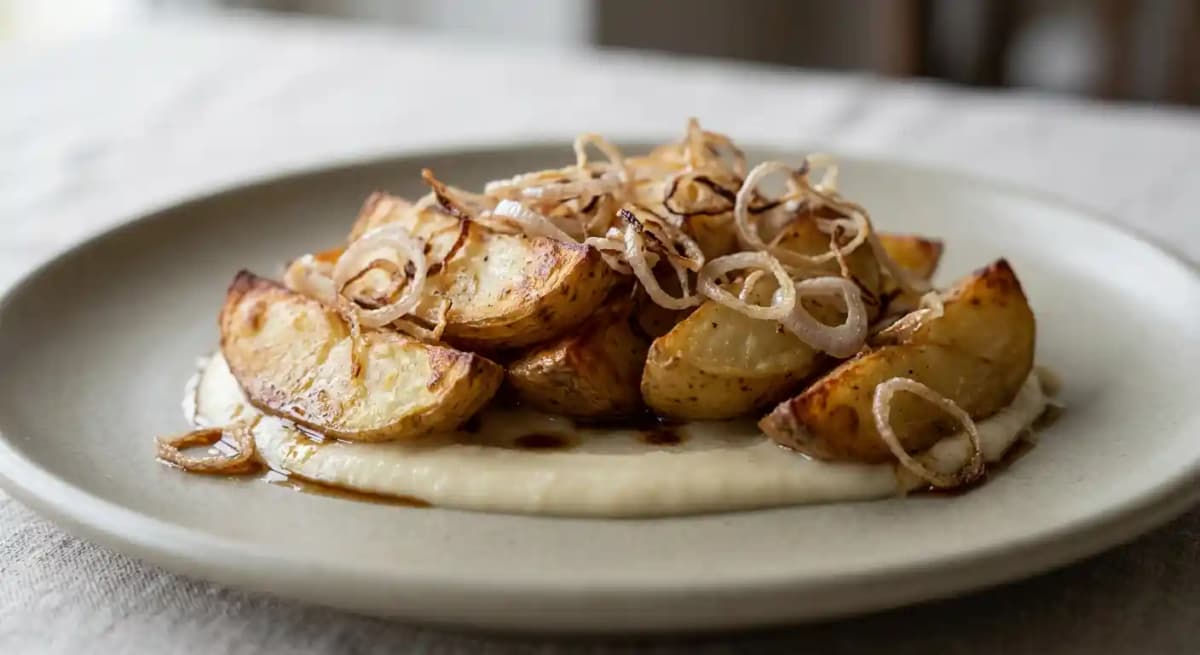 Duck Fat, Josper Roasted Potatoes recipe served on a plate, by Lulu Bar & Restaurant Duck Fat, Josper Roasted Potatoes recipe served on a plate, by Lulu Bar & Restaurant