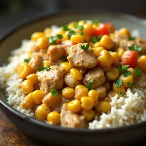 Chicken Corn Étouffée recipe served on a plate, by Tchê Brazilian Grill Chicken Corn Étouffée recipe served on a plate, by Tchê Brazilian Grill