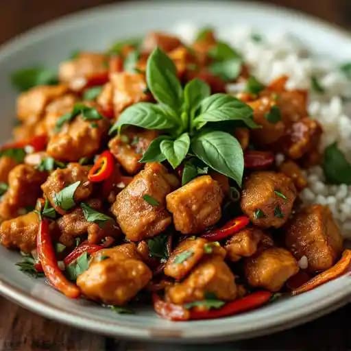 Pad Kra Pow recipe served on a plate, by Thai Kitchen Pad Kra Pow recipe served on a plate, by Thai Kitchen