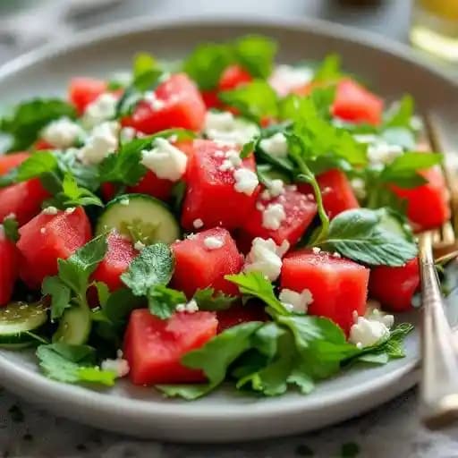 Watermelon Arugula Salad recipe served on a plate, by Grimaldi's Pizzeria Watermelon Arugula Salad recipe served on a plate, by Grimaldi's Pizzeria