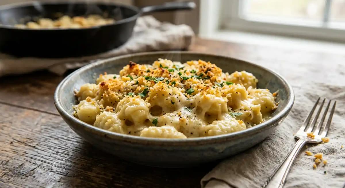 Gnocchi Mac & Cheese recipe served on a plate, by Cafe 22 Gnocchi Mac & Cheese recipe served on a plate, by Cafe 22