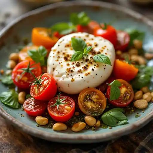 Burrata recipe served on a plate, by Francesca's On Chestnut Burrata recipe served on a plate, by Francesca's On Chestnut