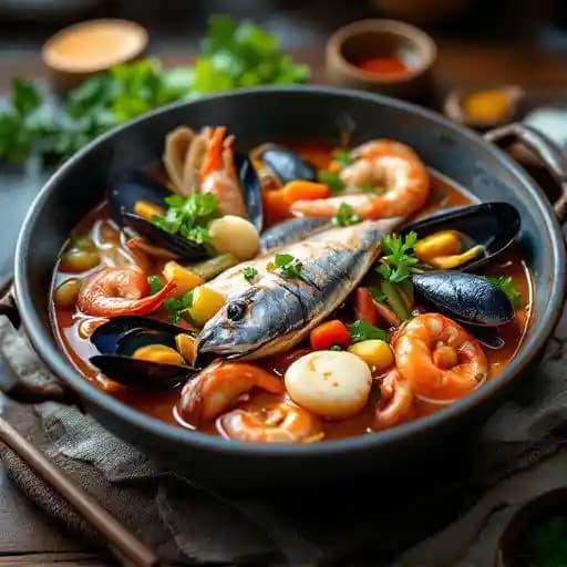 Seafood Hot Pot recipe served on a plate, by Cardero's Restaurant Seafood Hot Pot recipe served on a plate, by Cardero's Restaurant