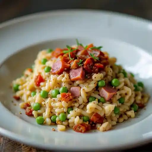 Tasso Ham & Sweet Pea Risotto recipe served on a plate, by Craft|One|Half Tasso Ham & Sweet Pea Risotto recipe served on a plate, by Craft|One|Half