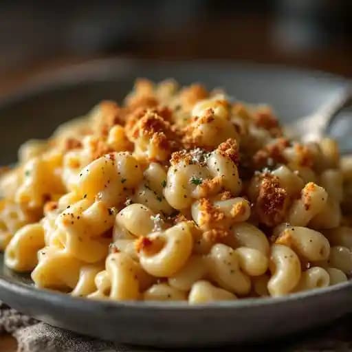Truffle Mac and Cheese recipe served on a plate, by The Belmont Truffle Mac and Cheese recipe served on a plate, by The Belmont