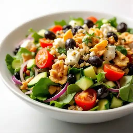 Mediterranean Salad recipe served on a plate, by The Belmont Mediterranean Salad recipe served on a plate, by The Belmont