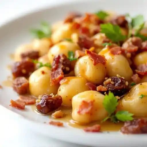 Bacon Date Gnocchi - NEW ITEM! recipe served on a plate, by The Weather Room Bacon Date Gnocchi - NEW ITEM! recipe served on a plate, by The Weather Room