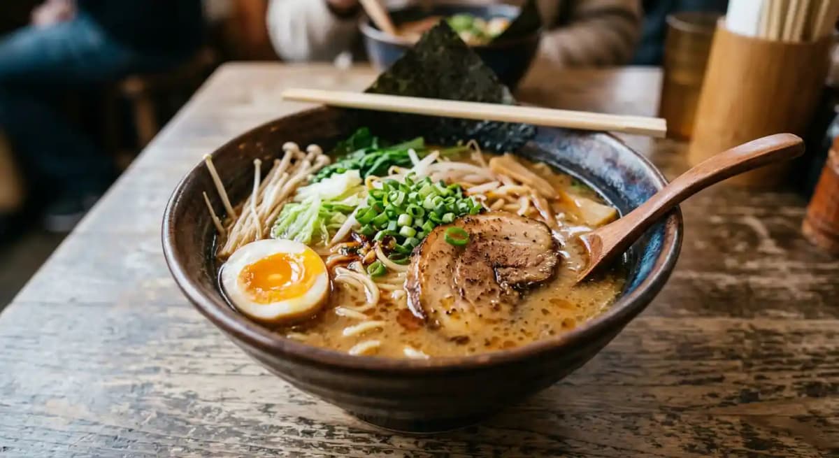 Miso Ramen recipe served on a plate, by Niji Sushi Bar & Grill Miso Ramen recipe served on a plate, by Niji Sushi Bar & Grill