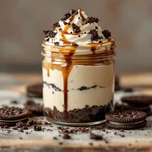 OREO® Cheesecake Jar Dessert recipe served on a plate, by Slim Chickens OREO® Cheesecake Jar Dessert recipe served on a plate, by Slim Chickens