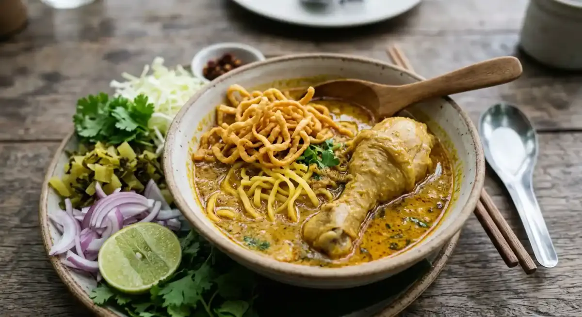 KHAO – SOI (Northern style curry) recipe served on a plate, by Thai Lotus KHAO – SOI (Northern style curry) recipe served on a plate, by Thai Lotus