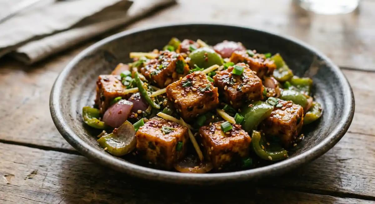 Chilli Paneer Dry recipe served on a plate, by Lazzez's Grill Indian Cuisine Chilli Paneer Dry recipe served on a plate, by Lazzez's Grill Indian Cuisine