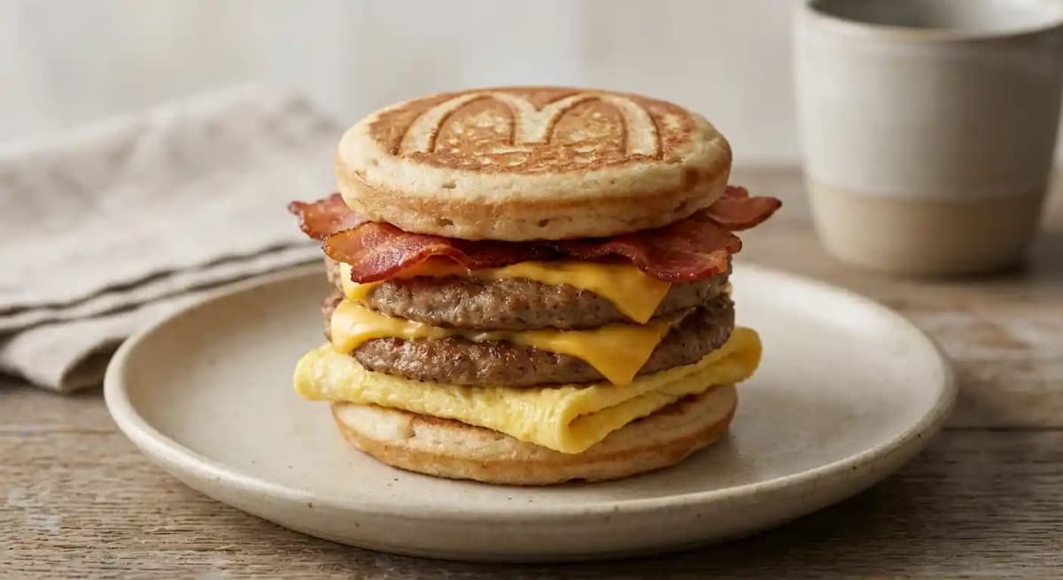 Triple Breakfast Stacks McGriddles® recipe served on a plate, by McDonald's Triple Breakfast Stacks McGriddles® recipe served on a plate, by McDonald's