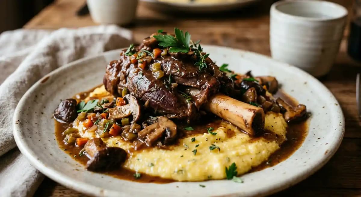 OSSOBUCO DI AGNELLO AI FUNGHI PORCINI, AMARONE E POLENTA