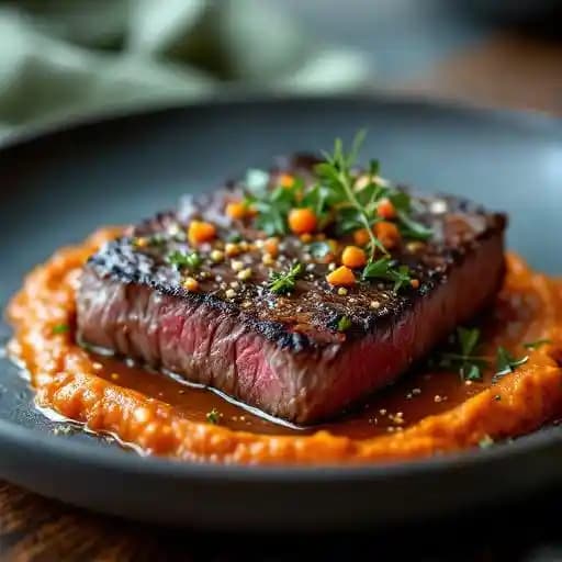 Pan-Seared Bavette Steak recipe served on a plate, by Pearl Restaurant and Ponche Tiki Bar Pan-Seared Bavette Steak recipe served on a plate, by Pearl Restaurant and Ponche Tiki Bar