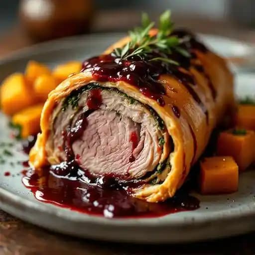 Pork Wellington with Cherry Demi Glaze with Roasted Squash recipe served on a plate, by Madrones Pork Wellington with Cherry Demi Glaze with Roasted Squash recipe served on a plate, by Madrones