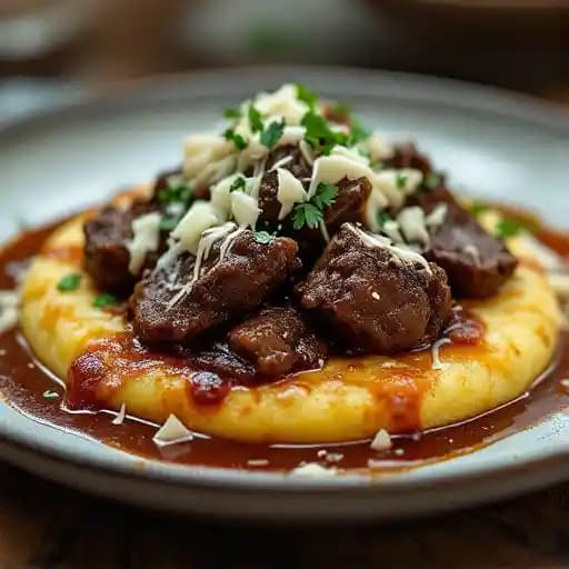 Guajillo Braised Beef Cheeks with Parmesan Polenta Cake
