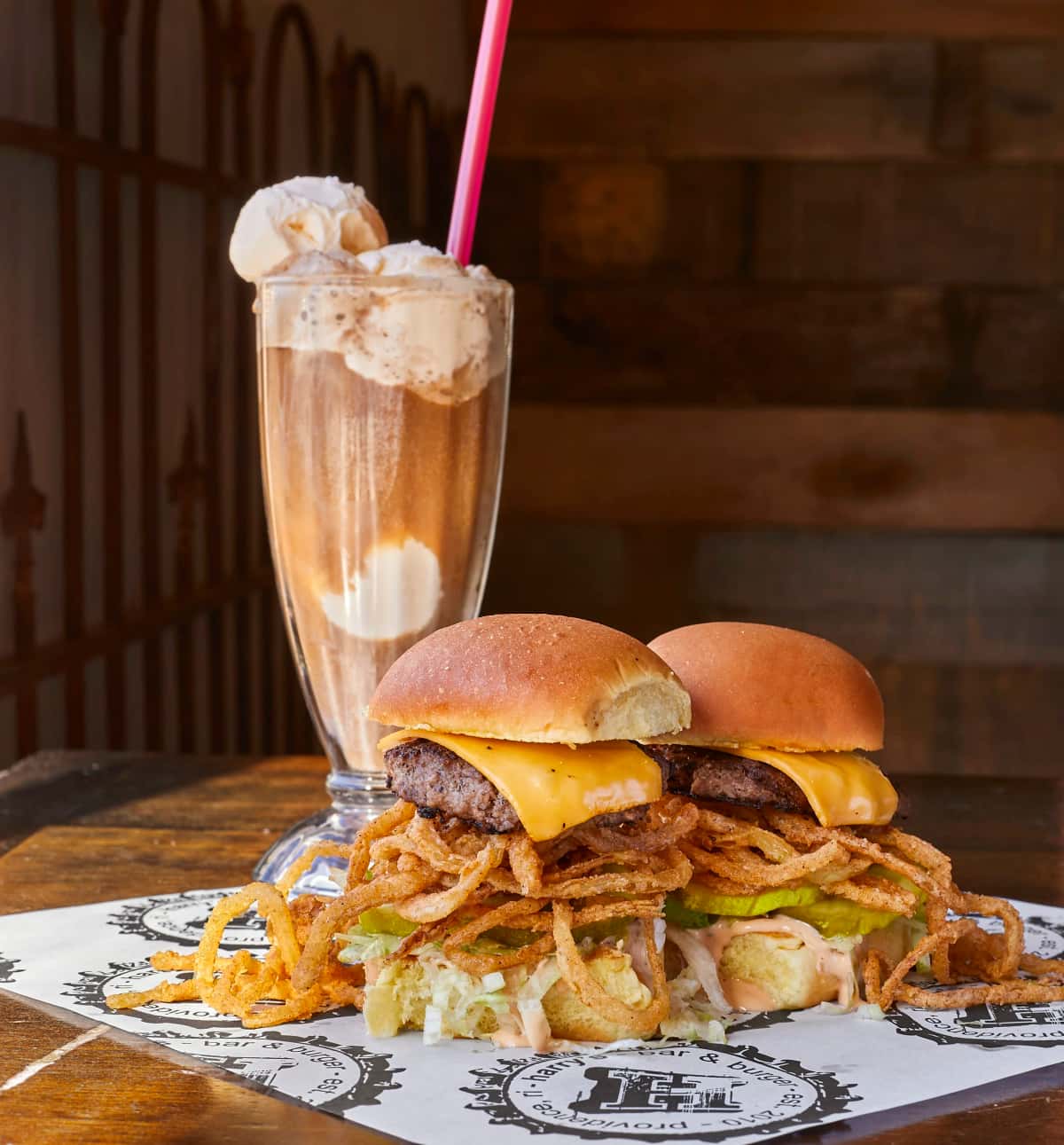 Crunch Burger with Root Beer Float recipe served in a glass, by Harry's Bar & Burger Crunch Burger with Root Beer Float recipe served in a glass, by Harry's Bar & Burger