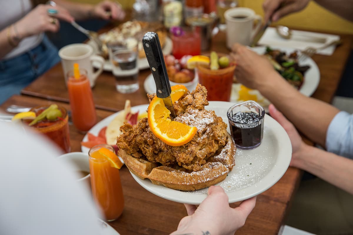 Chicken & Waffles recipe served on a plate, by Screen Door Eastside Chicken & Waffles recipe served on a plate, by Screen Door Eastside