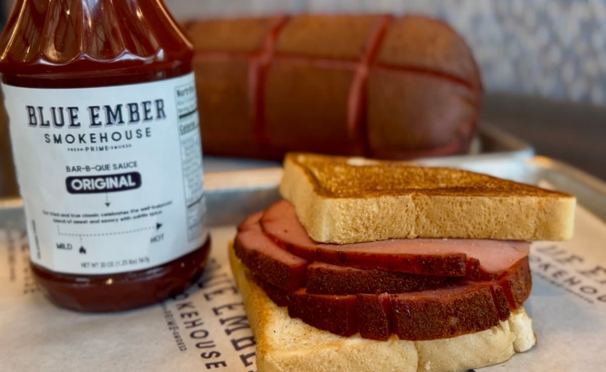 Smoked Bologna Sandwich recipe served on a plate, by Blue Ember Smokehouse Smoked Bologna Sandwich recipe served on a plate, by Blue Ember Smokehouse