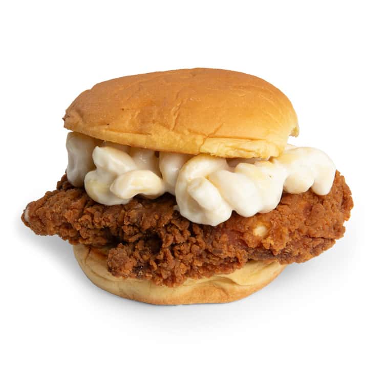 Cheesy Mac & Chicken recipe served on a plate, by Rise Southern Biscuits & Righteous Chicken - Nashville Downtown Cheesy Mac & Chicken recipe served on a plate, by Rise Southern Biscuits & Righteous Chicken - Nashville Downtown