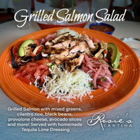 Grilled Salmon Salad recipe served on a plate, by Rosie's Mexican Cantina Grilled Salmon Salad recipe served on a plate, by Rosie's Mexican Cantina