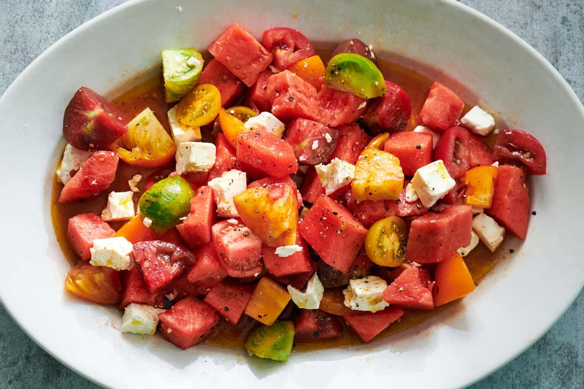 Tomato & Watermelon Salad recipe served on a plate, by Joe Fortes Tomato & Watermelon Salad recipe served on a plate, by Joe Fortes