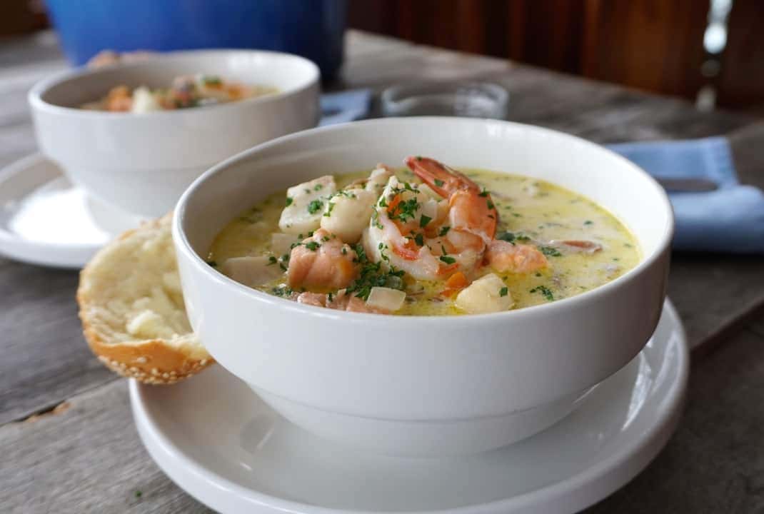 Seafood Chowder recipe served on a plate, by Finns Victoria Seafood Chowder recipe served on a plate, by Finns Victoria