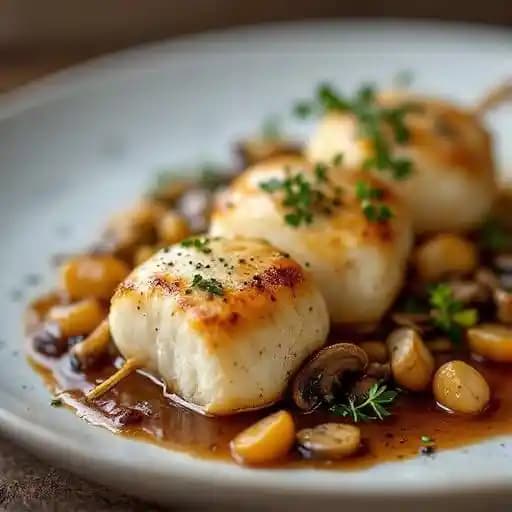Pike Quenelle de Brochette with Sauce Nantua & Button Mushrooms