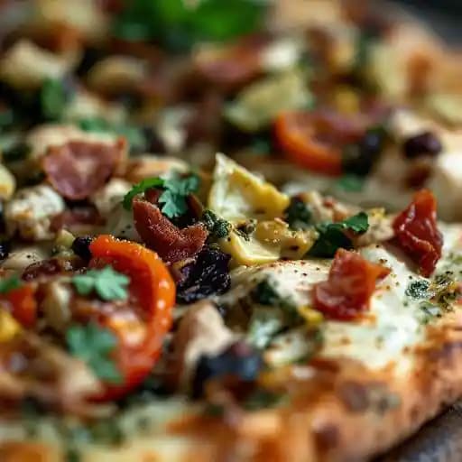 Pesto, Roasted Garlic, Chicken, Artichokes, Sun-dried Tomatoes, & Pancetta