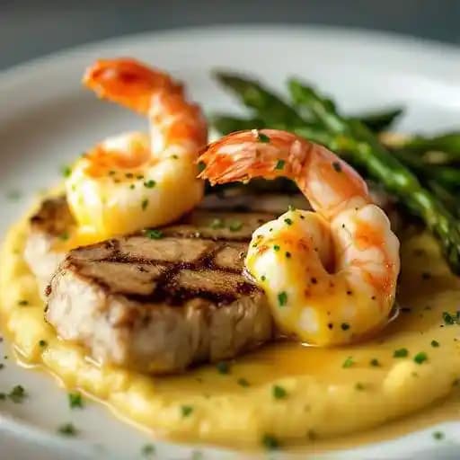 Grilled Filet / Two Crab-stuffed Shrimp / Polenta / Asparagus / Hollendaise