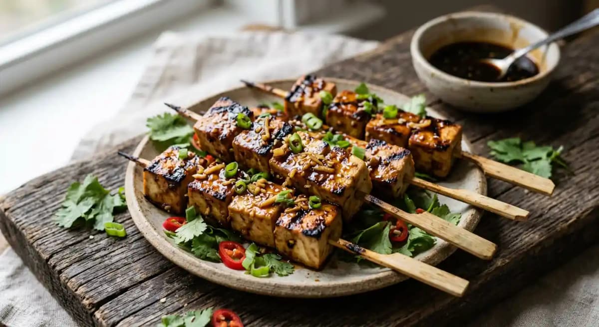 Grilled miso ginger tofu satay with sweet soy glaze