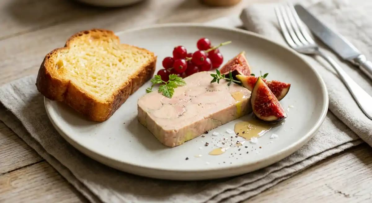 Foie gras au torchon, fruit de saison, brioche