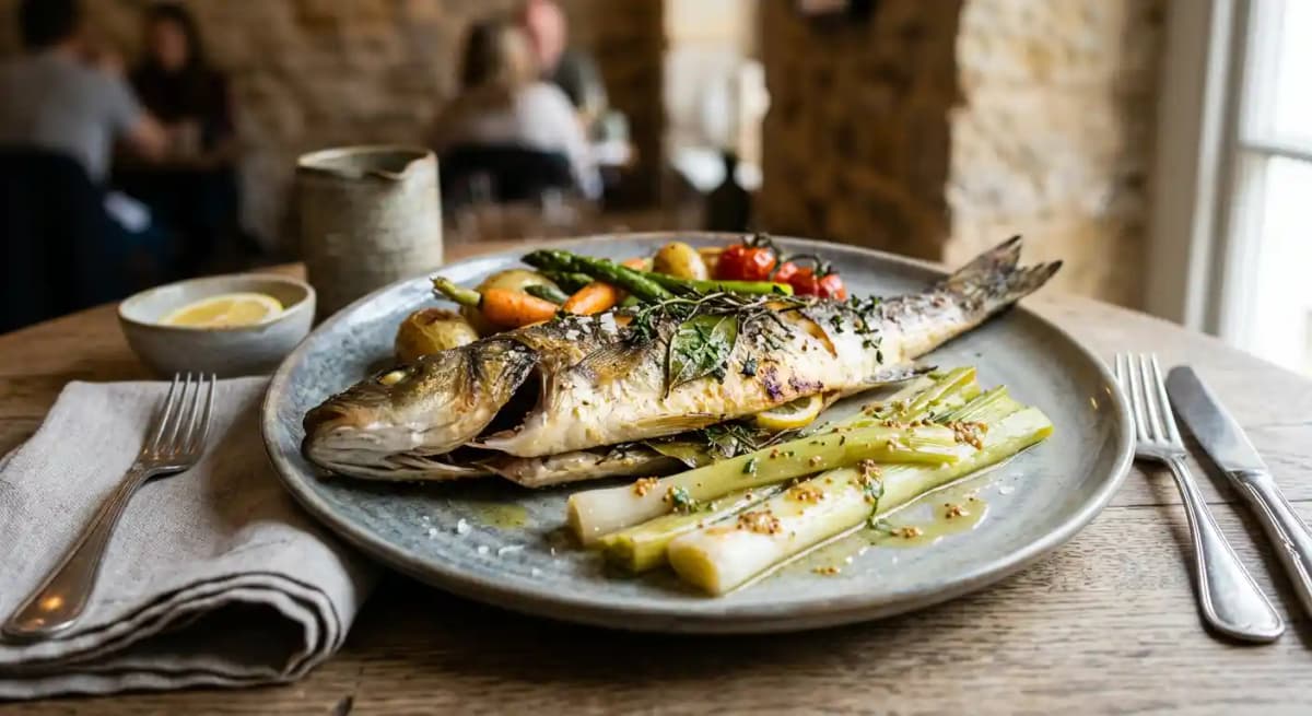 Loup de mer rôti (poisson entier), poireaux confits en vinaigrette, légumes